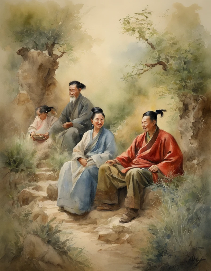 Chinese men, women and children sit together among the wormwood bushes