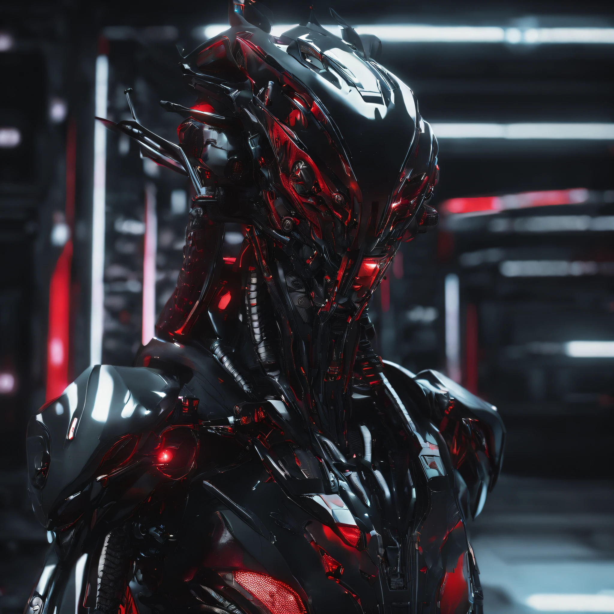 An alien,Solo,full bodyesbian,Humanoid,mechs,(Wearing inky black clothes/Mecha with red zirconia ceramic surface:1.5),(((Hard surface properties))),(((streamlined line design))),It has refined features in a sci-fi environment,with light glowing, Sparks and lights, best qualtiy,tmasterpiece,Photorealsitic, Highly detailed, iintricate,unreal 5 render,