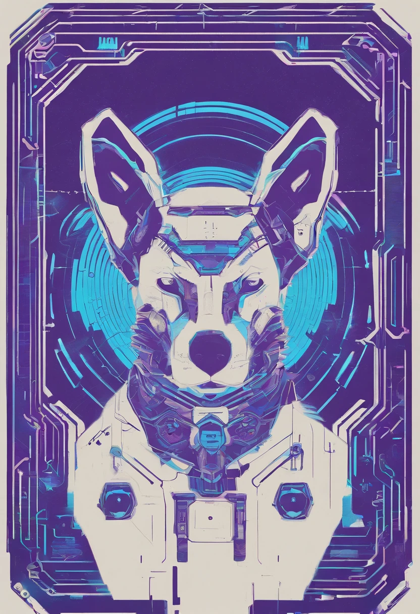 the dog is in bluein this paper cut illustration, in the style of eastern-inspired motifs, lith printing, eye-catching tags, precisionist lines, light purple and cblue, clean and sharp inking, terracotta medallions