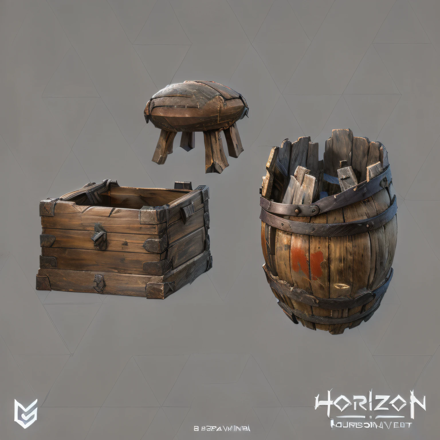 Close-up of wooden barrels and wooden benches, Horizon Forbidinsi, game assets, object concept art, game assets, video game assets, video game assets, seperated game asset, video game assets, rpg game environment asset, ultra detailed concept art, Wooden boxes and barrels, 3d game object, Hosson, Highly detailed object content