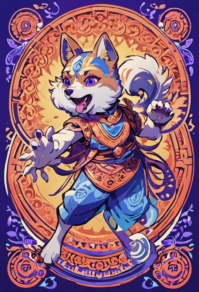 the dog is in bluein this paper cut illustration, in the style of eastern-inspired motifs, lith printing, eye-catching tags, precisionist lines, light purple and cblue, clean and sharp inking, terracotta medallions