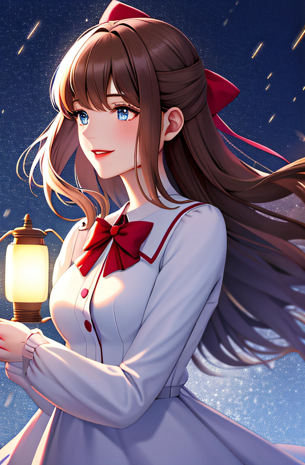 (extremely delicate and beautiful: 1.2), 1girl, bangs, blue eyes, blur, blur background, bow, brown hair, shut up, side view, hair between eyes, hair bow, lantern, light particles, long sleeves, look looking at audience, medium hair, night, red bow, solo, stars\(symbol\), upper body, smile, red lips
