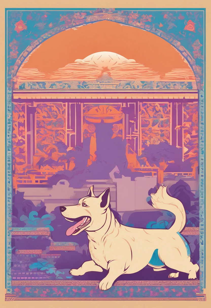 the dog is in bluein this paper cut illustration, in the style of eastern-inspired motifs, lith printing, eye-catching tags, precisionist lines, light purple and cblue, clean and sharp inking, terracotta medallions