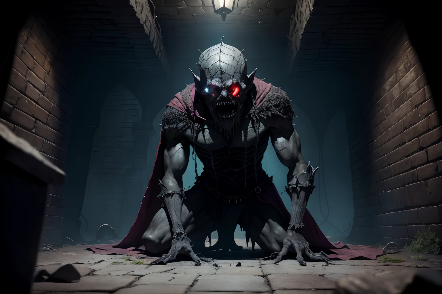 A creepy dark evil dungeon, a lot of web on dungeon floor