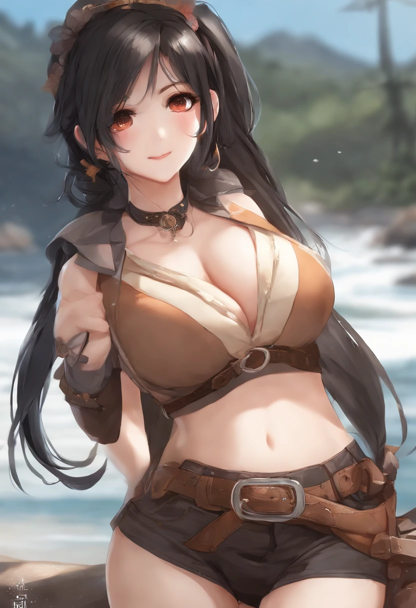K skirt bottom, Black hair, ahoge, pony tails, double tails, side locks, Wet hair, Moles under eyes, Heart-shaped pupils, Light smile, Contemporary art, Cowboy shot, From the side Side, Anatomically correct, Super detail, High details, A high resolution,anime big breast