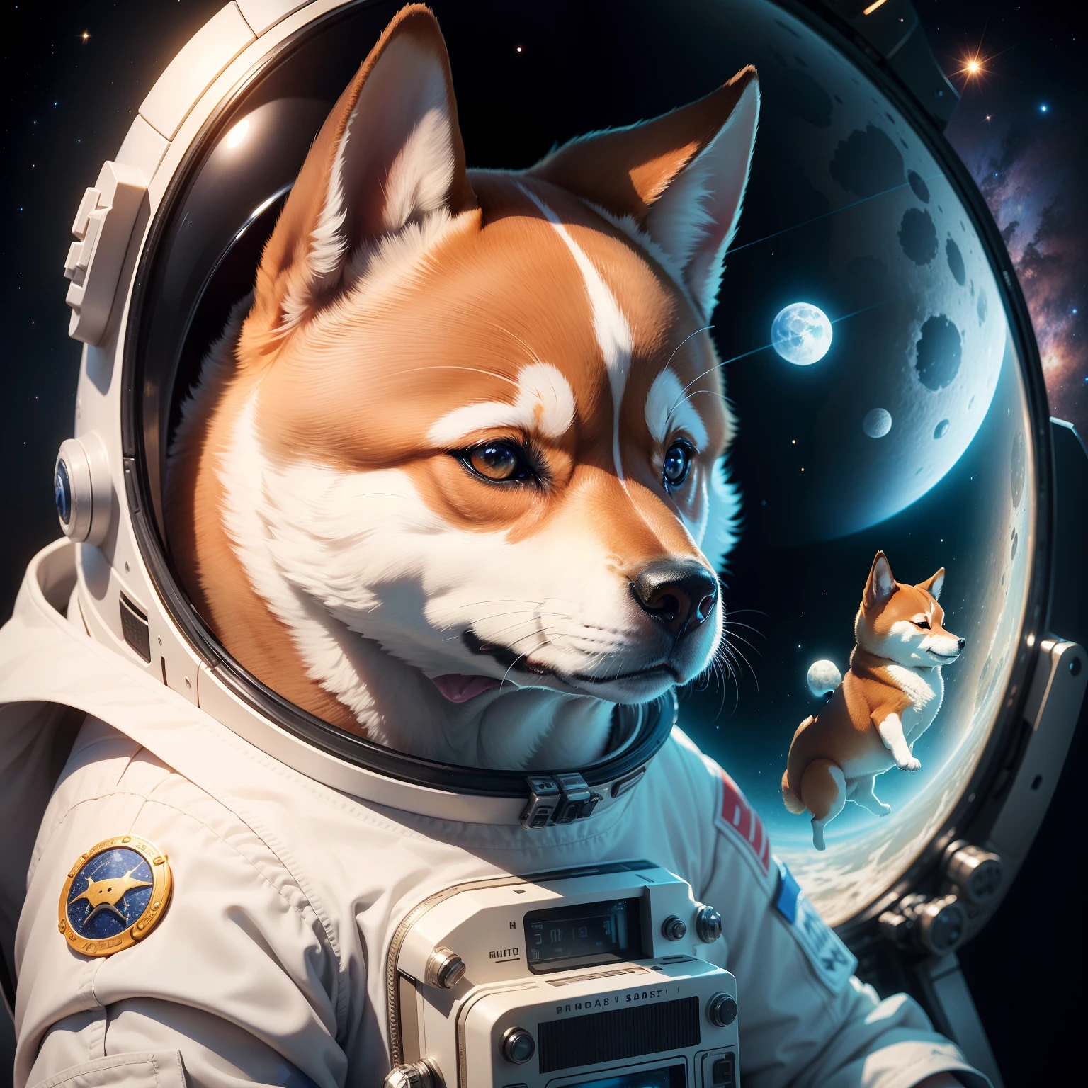Cute Shiba Inu in a spacesuit、(space suits:1)、 | Detailed sturdy clothing]:1.3)、moon behind、(intricate-detail)、nffsw、(intricate-detail、ultra-detailliert:1.2)、Cinematic shots、vignettes、central、Delicate、icons、Mystical、Looks sad、hairy、metalic、Round image、Logo paw on the shoulder、