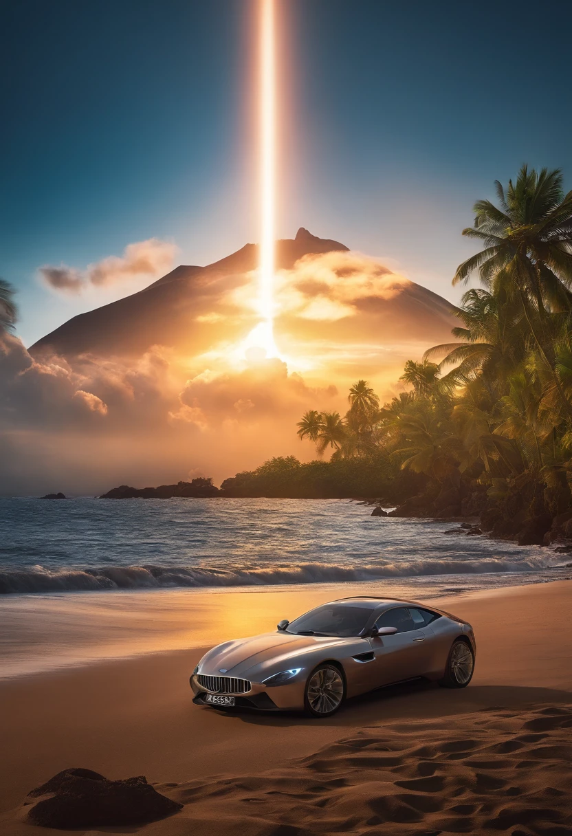 Epic movie poster，a volcano erupts，（Partially submerged shots：1.2），（swell sea：0.9），Desert island background，palmeiras，sea beach，Fluffy clouds in the sky，outrun，vaporization，trendding on artstation，The is very detailed，finedetail，iintricate，（lens flare glow：0.9），（The light from the back window is backlighted：0.9），（Halo：0.9），[Style-Micro :: 10]