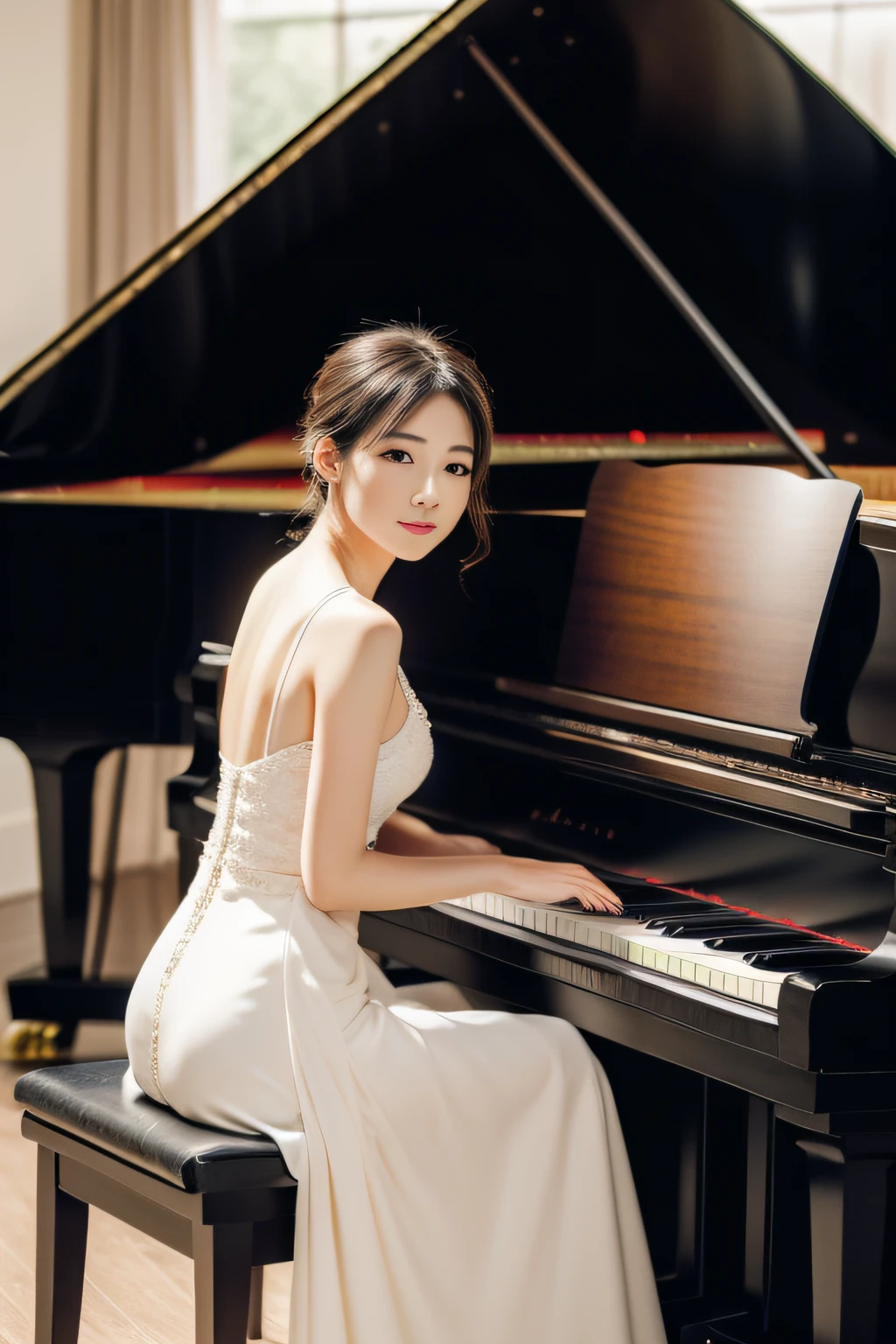 (great masterpiece、high-level image quality、hightquality),A Japanese Lady、(pianist、Sitting in a piano chair、playing piano)、a grand piano、Picture-perfect performance、Beautiful fece、Beautiful eyes、Beautiful limbs、Play Chopin's music、