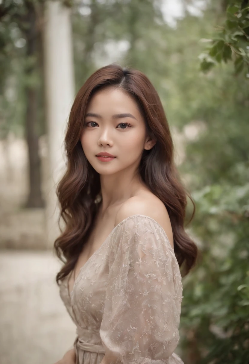 27 years old, enigma, gorgeous, asian girl, wearing casual dress, long curl brown hair, full body