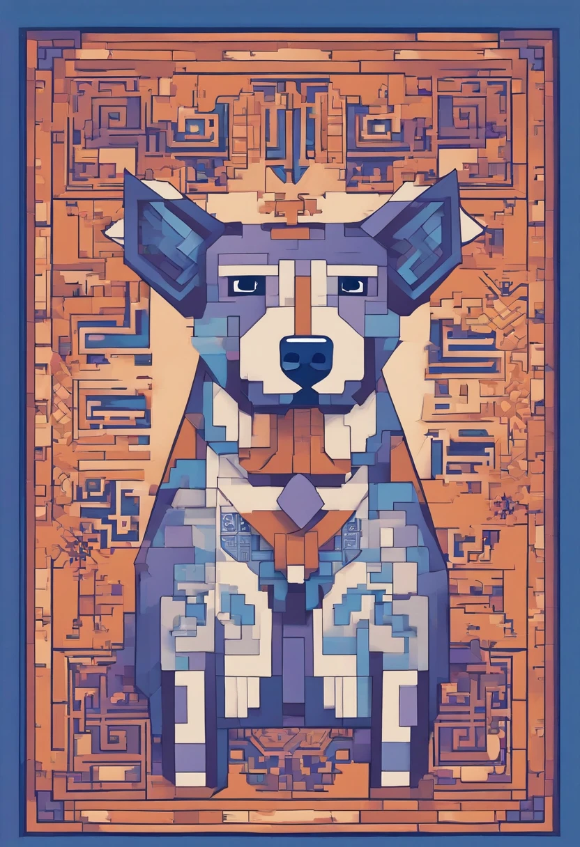 the dog is in bluein this paper cut illustration, in the style of eastern-inspired motifs, lith printing, eye-catching tags, precisionist lines, light purple and cblue, clean and sharp inking, terracotta medallions