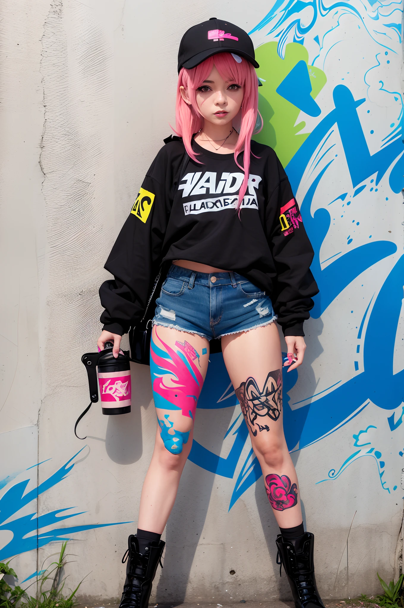 Alafed woman with pink hair and tattoos leaning against wall, she is wearing streetwear, Anime style mixed with Fujifilm, wearing cyberpunk streetwear, cyberpunk streetwear, japanese streetwear, Harajuku fashion, graffiti inspired, cyberpunk style outfit, tokyo fashion, raver girl, harajuku street fashion, cyberpunk wearing, japanese street fashion, Anime Character; Full Body Art