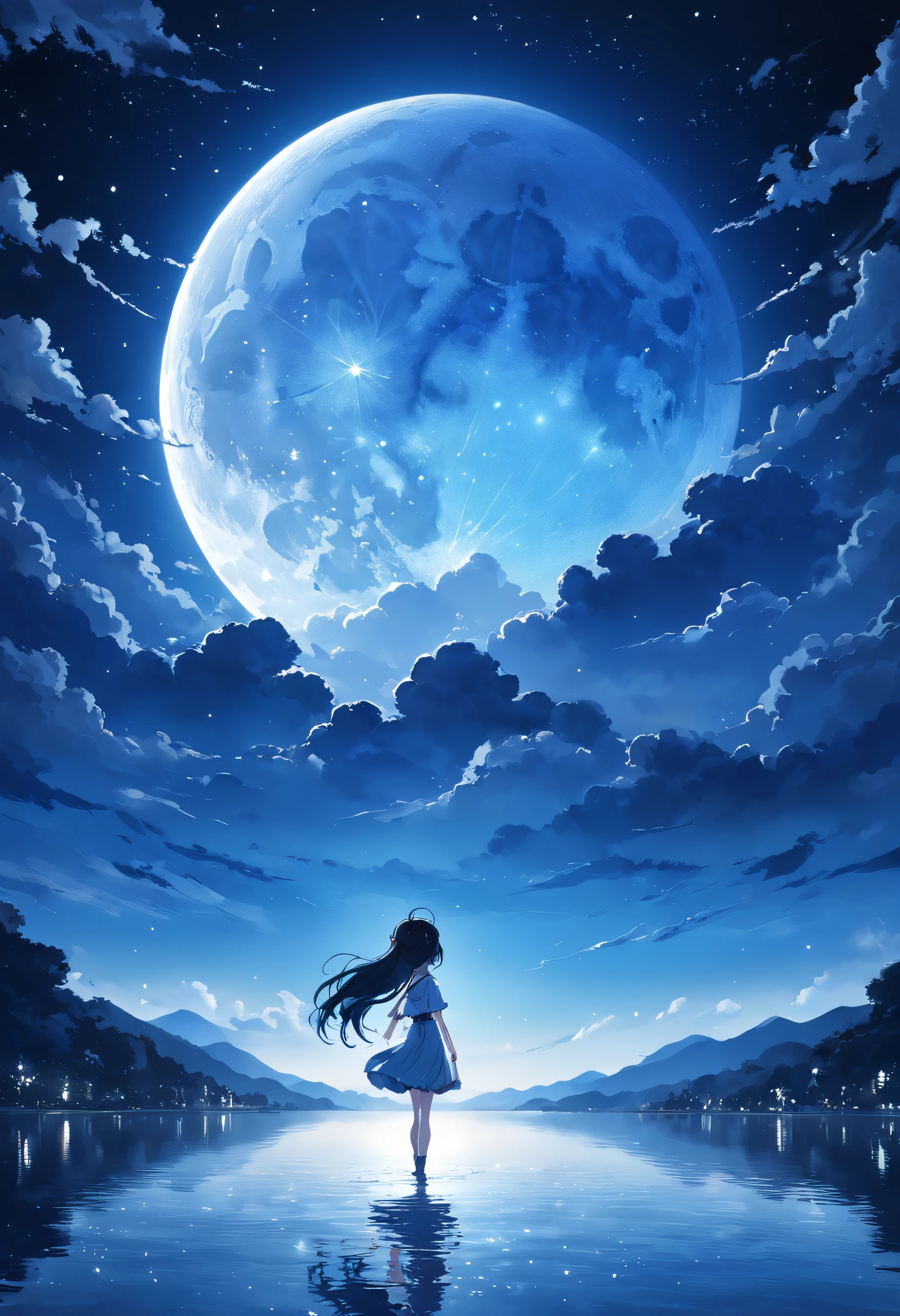 「Super Blue Moon in the Mysterious Night Sky」 A magical night sky、A big shining super blue moon is a star々Peek out from between。Twinkling stars around the moon々and elegant clouds spread、The sky is tinted a deep blue。Moonlight reflected on the surface of the water、Above the lake is the silhouette of Pisces。A thin mist rises from the depths of the mysterious forest、Mysterious creatures are appearing。This night、Draw a scene where the energy of the universe glows like magic、Fantastic lighting、Lightworks、Super Reality、