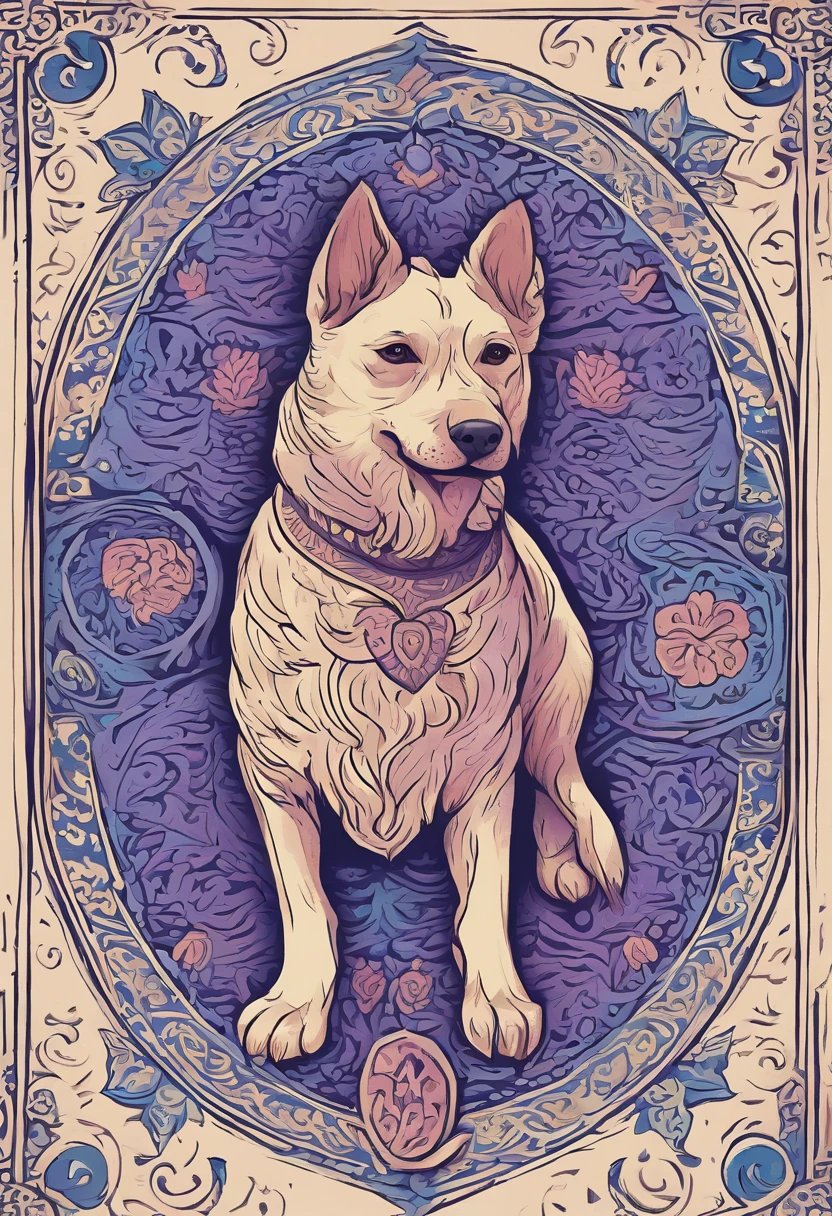 the dog is in bluein this paper cut illustration, in the style of eastern-inspired motifs, lith printing, eye-catching tags, precisionist lines, light purple and cblue, clean and sharp inking, terracotta medallions