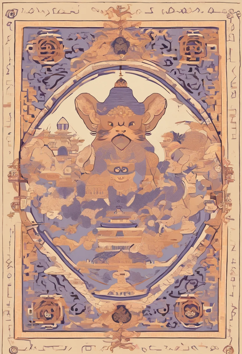 the dog is in bluein this paper cut illustration, in the style of eastern-inspired motifs, lith printing, eye-catching tags, precisionist lines, light purple and cblue, clean and sharp inking, terracotta medallions