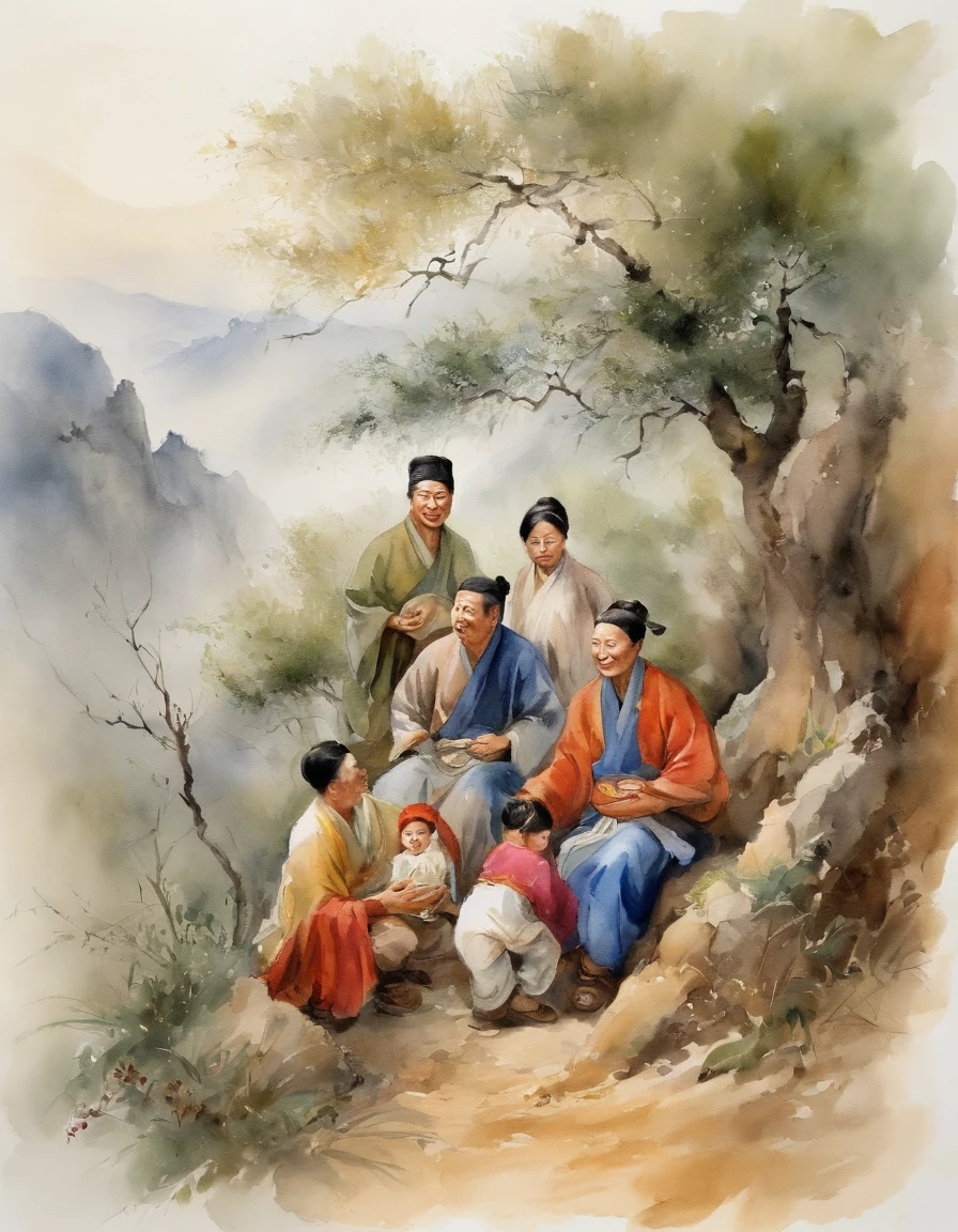 Chinese men, women and children sit together among the wormwood bushes,Wormwood in hand
