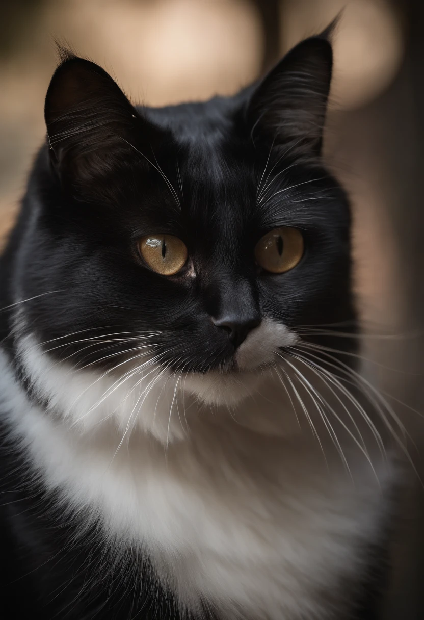 Capture a chic and fat black cat、Produces ultra-high-definition images, Classic Cat Pose. Use of advanced macro photography techniques、Emphasizes the intricate details of the cat's coat, mustaches, And expressive eyes. Place the camera at the cat's eye level, Create an intimate connection between the viewer and the cat subject. Implement a wide aperture for a shallow depth of field, Makes the cat stand out clearly against a gently blurred background. Improve lighting to emphasize the texture and contours of the cat's body, Use of Software, Remove hard shadows with diffused lighting、Software Creation, cosy atmosphere. Catch a cat in a relaxed and balanced posture, Show its flexibility and elegance. Experiments to capture the moment of movement of nature, Stretching, Grooming, etc., To convey a sense of authenticity. Implement post-processing techniques to improve image clarity, Contrasty, and color balance, Ensure every aspect, From the intricate patterns of cats to their intense gazes, Rendered in stunning detail. It is the last, convey the gentle beauty and innate grace of cats,,, Capture fleeting moments celebrating the unique essence of a cat's curiosity and calmness.