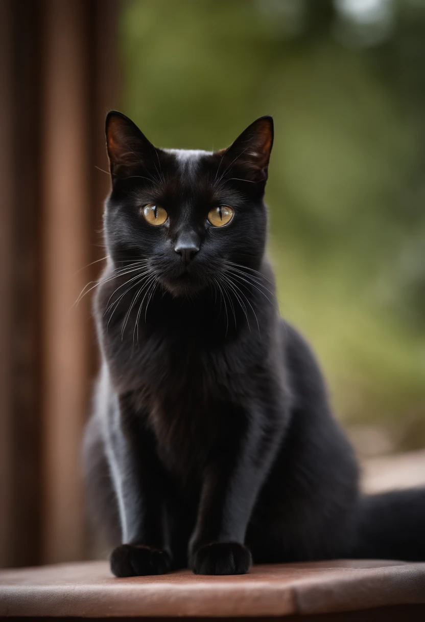 Capture a chic and fat black cat、Produces ultra-high-definition images, Classic Cat Pose. Use of advanced macro photography techniques、Emphasizes the intricate details of the cat's coat, mustaches, And expressive eyes. Place the camera at the cat's eye level, Create an intimate connection between the viewer and the cat subject. Implement a wide aperture for a shallow depth of field, Makes the cat stand out clearly against a gently blurred background. Improve lighting to emphasize the texture and contours of the cat's body, Use of Software, Remove hard shadows with diffused lighting、Software Creation, cosy atmosphere. Catch a cat in a relaxed and balanced posture, Show its flexibility and elegance. Experiments to capture the moment of movement of nature, Stretching, Grooming, etc., To convey a sense of authenticity. Implement post-processing techniques to improve image clarity, Contrasty, and color balance, Ensure every aspect, From the intricate patterns of cats to their intense gazes, Rendered in stunning detail. It is the last, convey the gentle beauty and innate grace of cats,,, Capture fleeting moments celebrating the unique essence of a cat's curiosity and calmness.