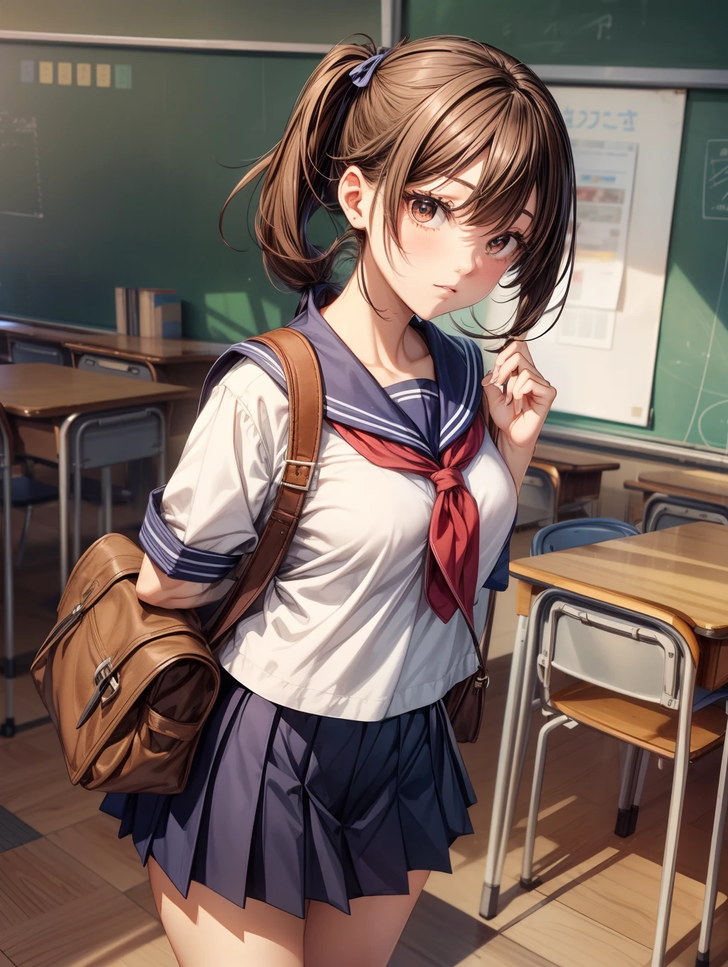 Best Quality, masutepiece, beautiful mature women、Beautiful face、Strong-minded woman、a sailor suit、Dark blue skirt、brown haired、(((poneyTail)))、Brown-eyed、Longhaire、Undersized eyes、Full body like、I have a lot of files、Drop a file、Classroom、School Bag