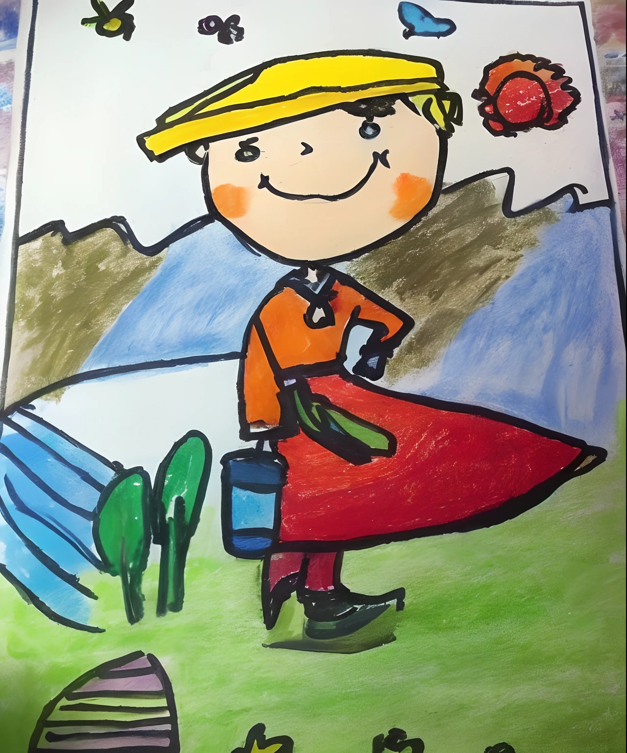 Painting of a boy in a hat and a red cloak, Inspired by Gabriel Mutter, color drawing, color drawing, 7  crayon drawing, inspired by Kate Greenaway, based on child's drawing, inspired by Elsa Beskow, inspired by Marcel Chagall, a child's drawing, author：Caroli Kisfarudi, kids drawing