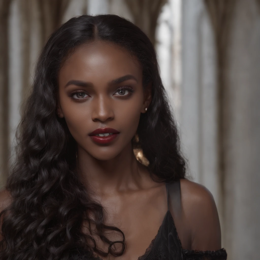 Tall Wet Black Woman (Ultra Realistic) 4k, Wet Black Skin (Ultra Realistic) 4k, Silver Eyes (Ultra Realistic) 8k, Wet Body (Ultra Realistic) 4k, Wet Black Skin (Ultra Realistic) 8k, HDR, nsfw (ultra realistic) 4k, in gothic cathedral (ultra realistic) 4k full afro curly hair (ultra realistic) 8k, (ultra realistic) 4k, medium bust (ultra realistic) 4k, vampire fangs (ultra realistic) 4k, vampire woman (ultra realistic) 4k