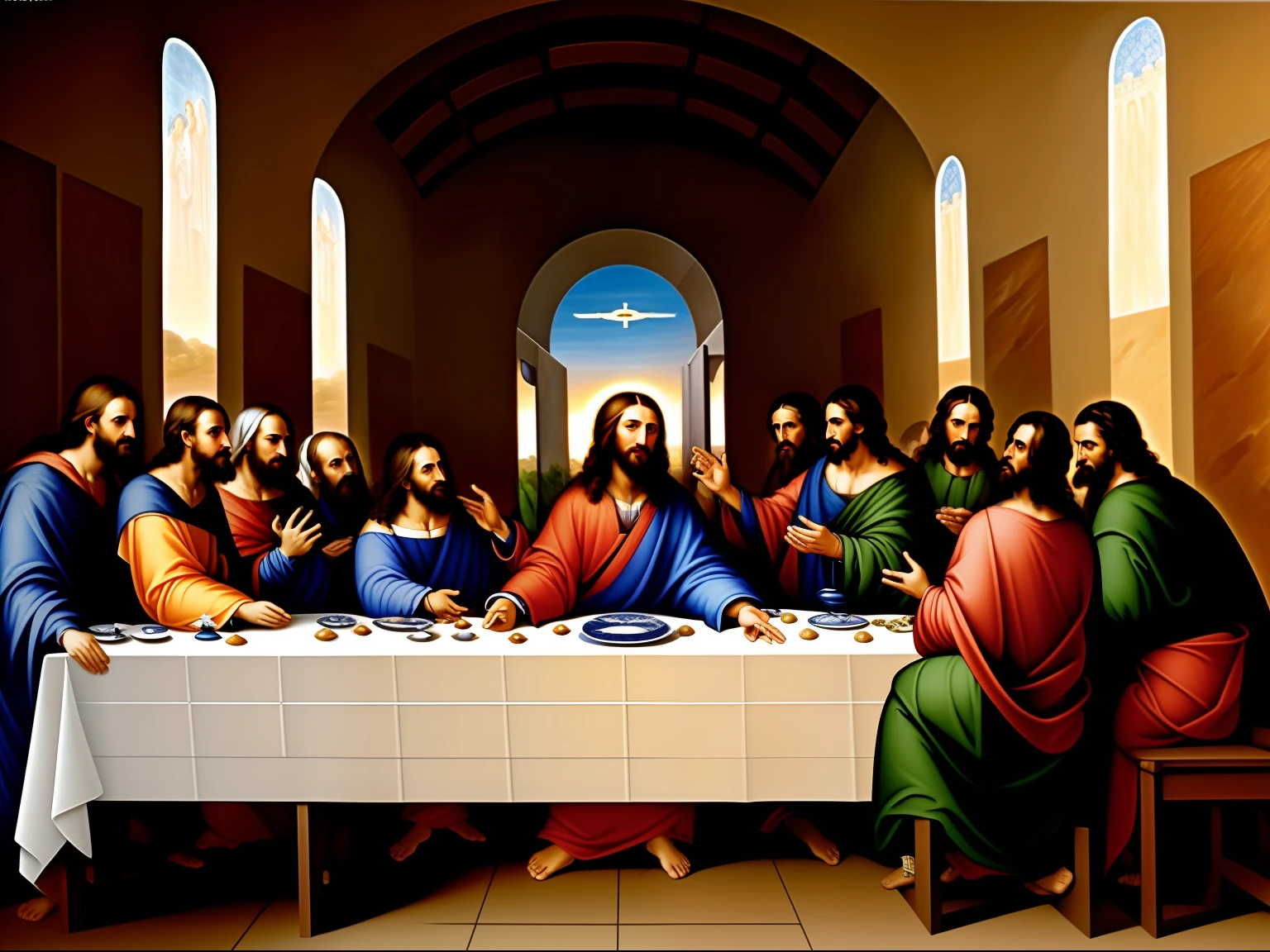 create religious painting, caravagio, last supper, jesus christ, with the apostles
