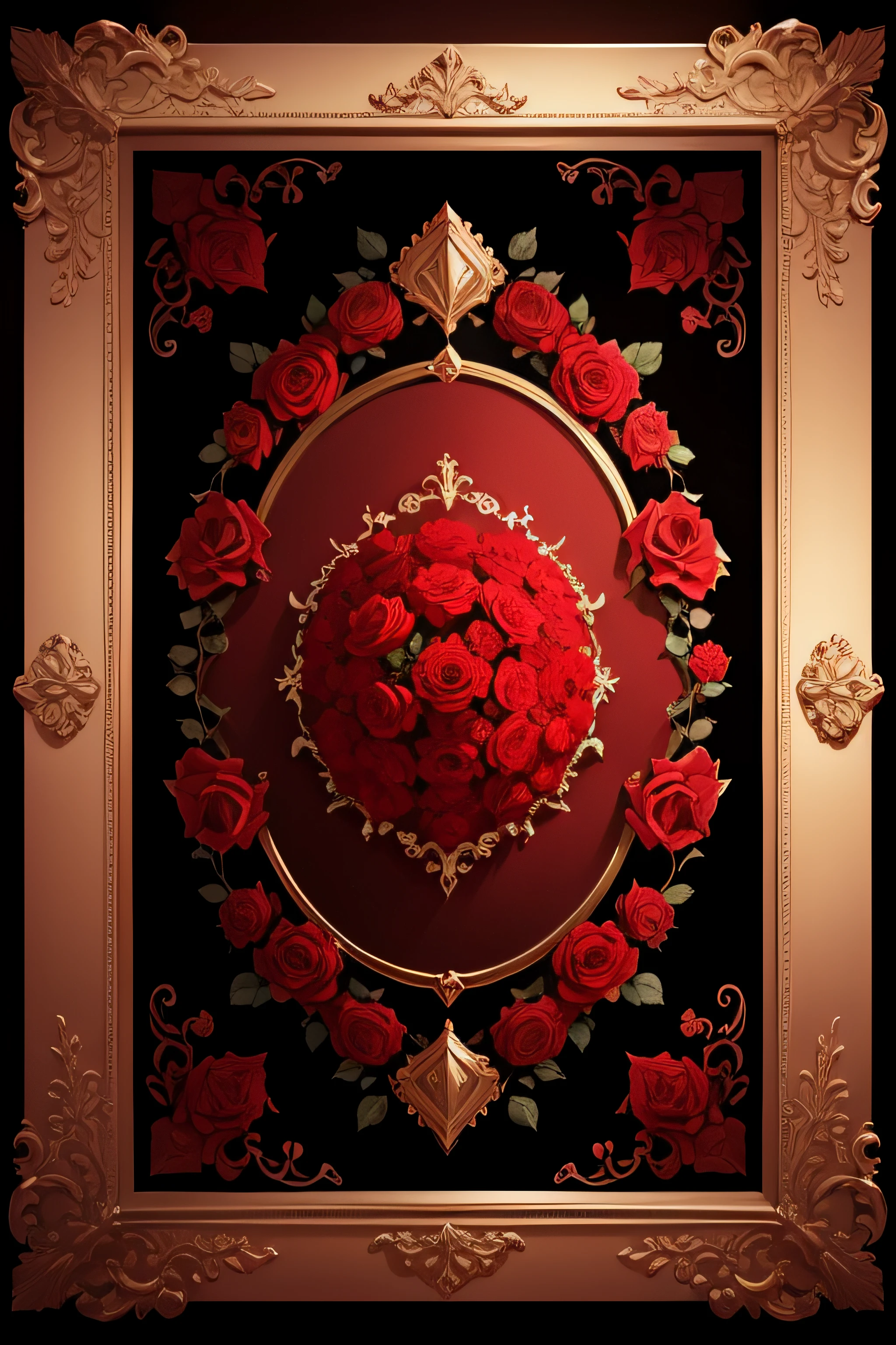 create a royale 2d, red roses design frame aesthetic type using a soft colour palette vintage aesthetic for design template, high details 4k