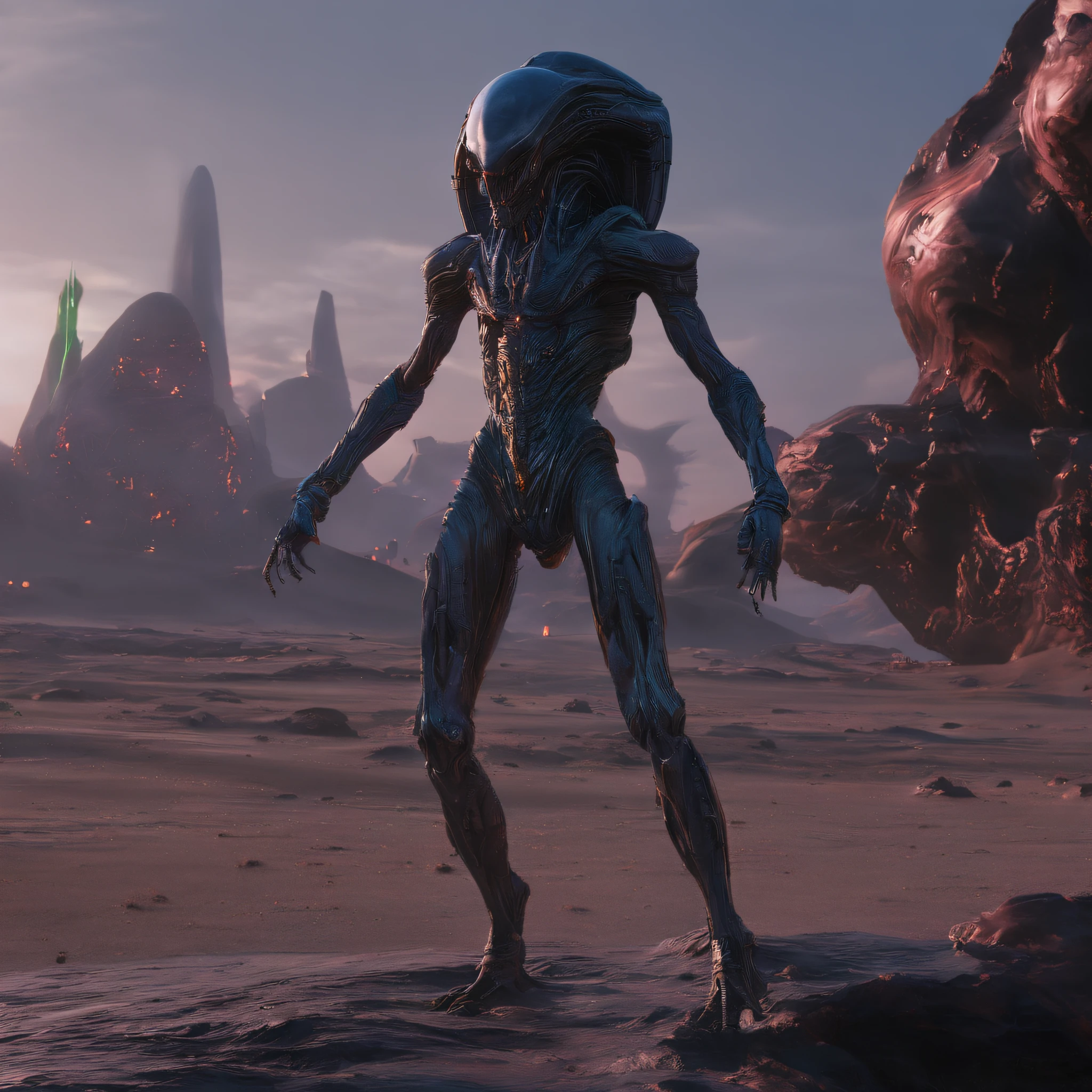 An alien,Solo,full bodyesbian,Humanoid,dynamicposes,It has refined features in a sci-fi environment,with light glowing, Sparks and lights, best qualtiy,tmasterpiece,Photorealsitic, Highly detailed, iintricate,unreal 5 render,