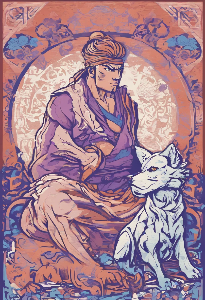 the dog is in bluein this paper cut illustration, in the style of eastern-inspired motifs, lith printing, eye-catching tags, precisionist lines, light purple and cblue, clean and sharp inking, terracotta medallions