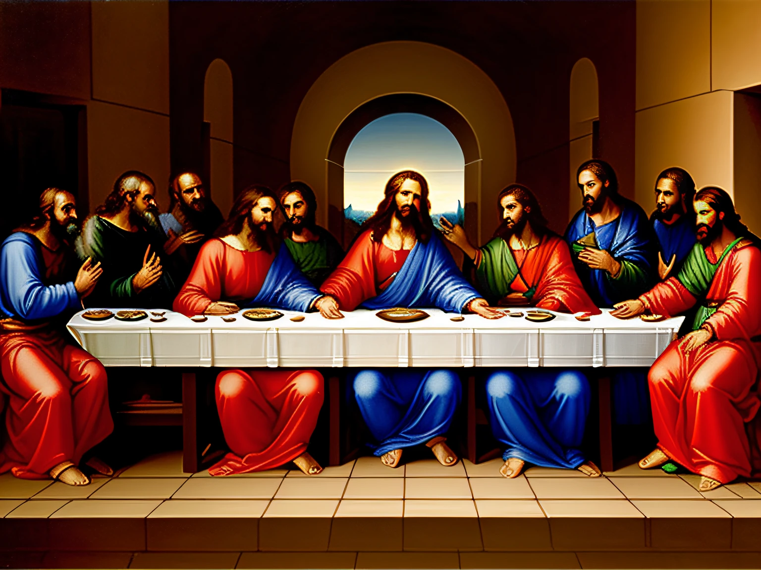 create religious painting, caravagio, last supper, jesus christ, with the apostles