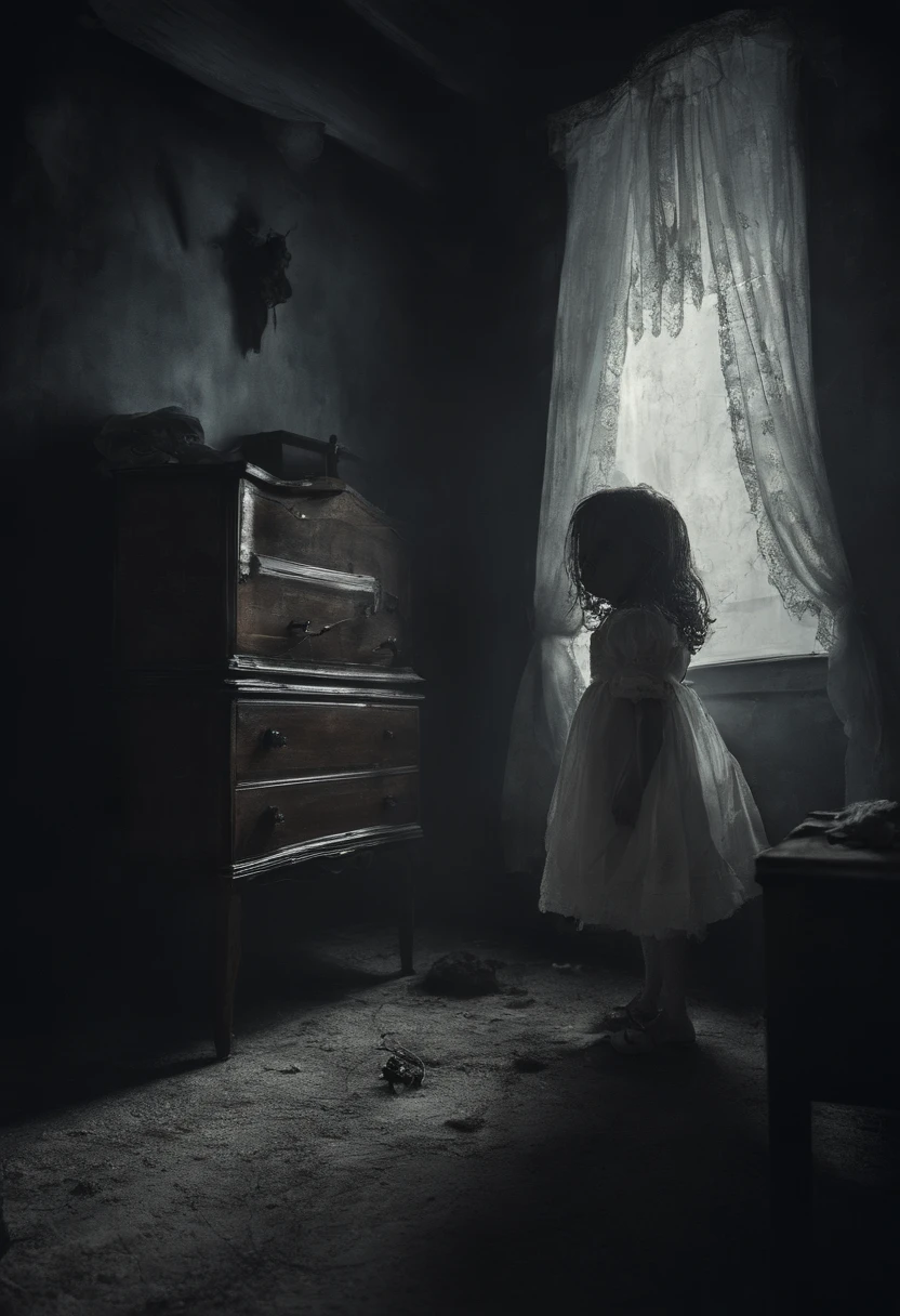 darkened room、Eerily laughing doll in white dress stuck to the ceiling