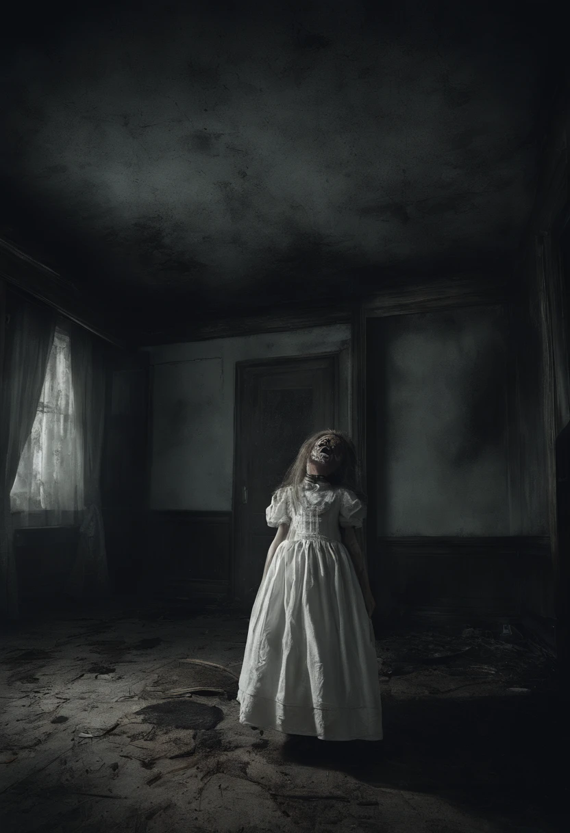 darkened room、Eerily laughing doll in white dress stuck to the ceiling