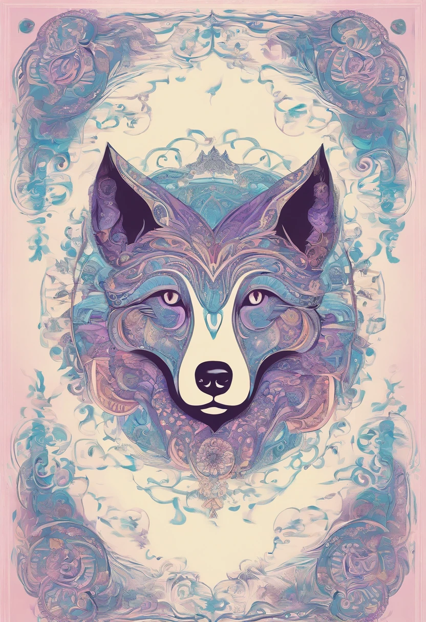 the dog is in bluein this paper cut illustration, in the style of eastern-inspired motifs, lith printing, eye-catching tags, precisionist lines, light purple and cblue, clean and sharp inking, terracotta medallions