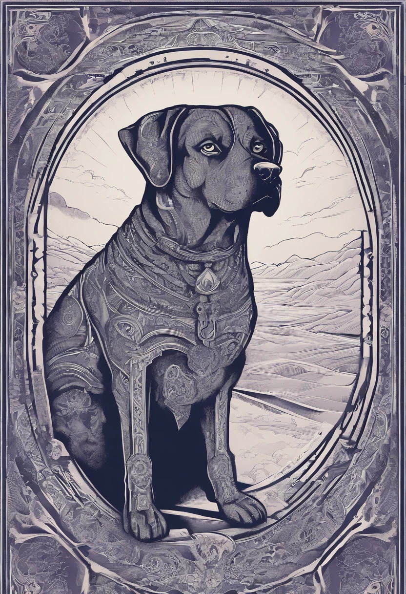 the dog is in bluein this paper cut illustration, in the style of eastern-inspired motifs, lith printing, eye-catching tags, precisionist lines, light purple and cblue, clean and sharp inking, terracotta medallions