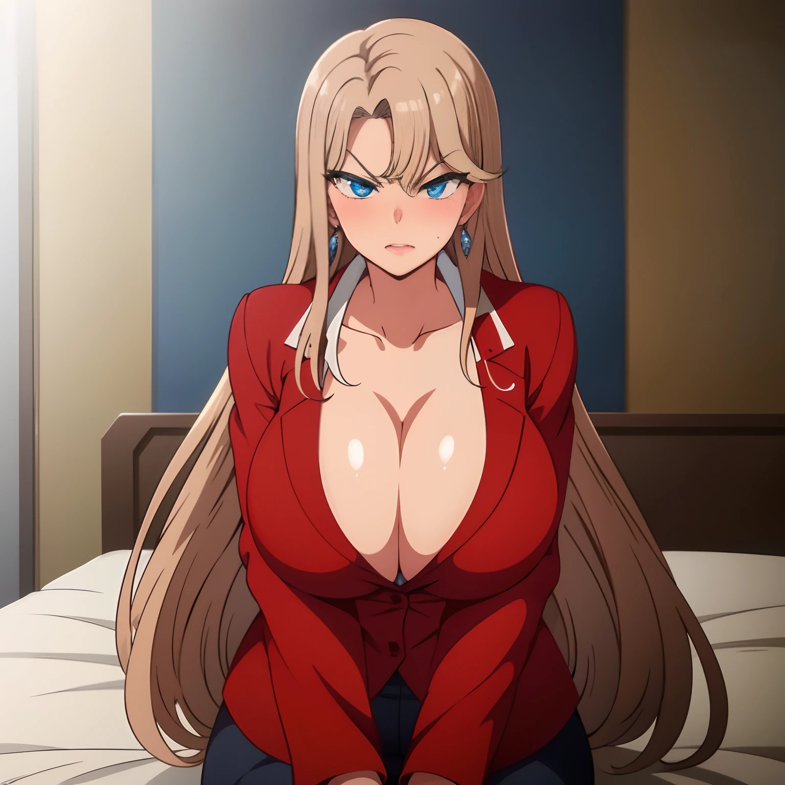 ((solo, 1 female)), mature female, masterpiece, best quality, (big breast), long hair, purple hair, blue eyes, blush, full body, indoors, red jacket, serious, angri face:0.8, sitting on bed