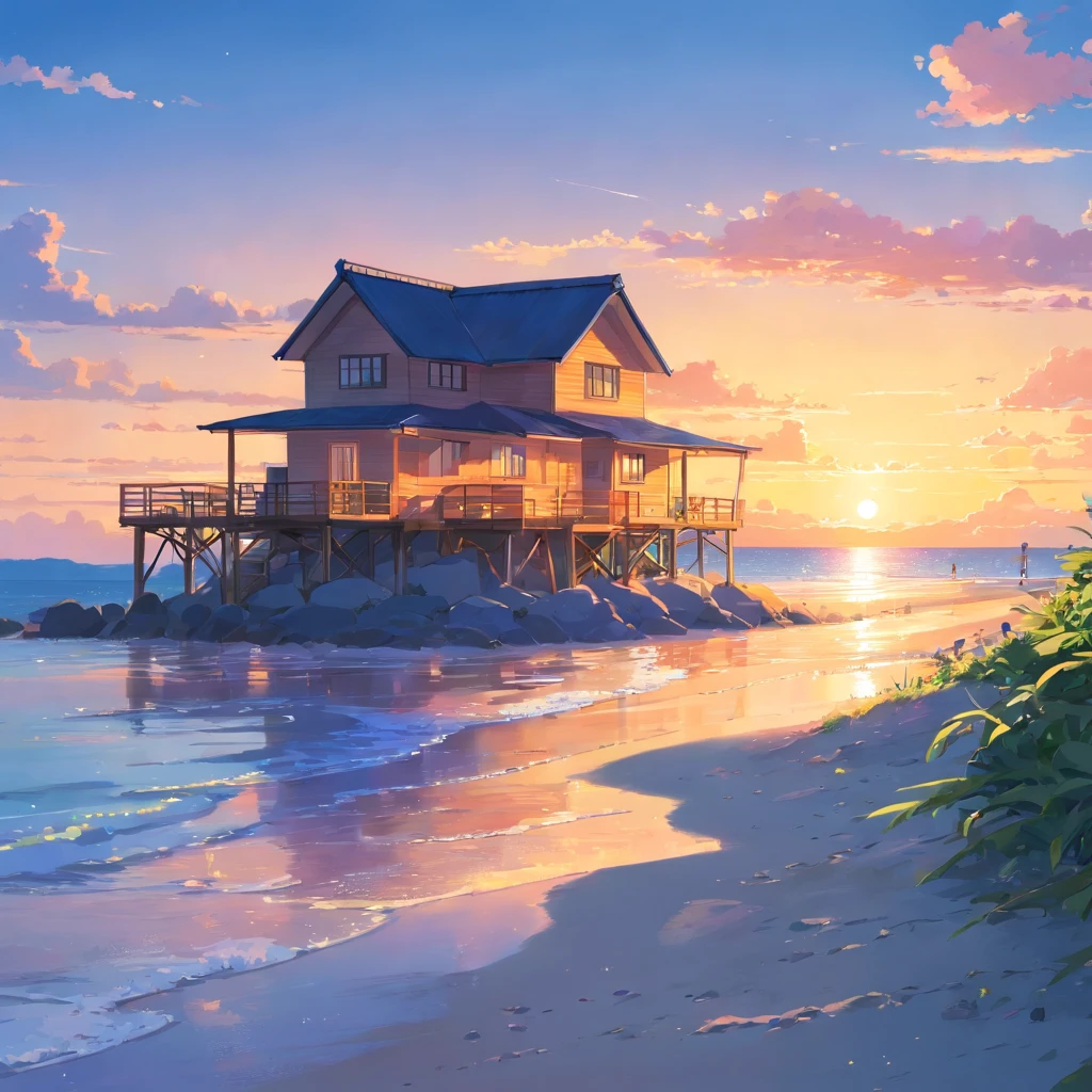 tmasterpiece,best qualtiy,cinematic Film still from,beachside,small houses,the sunset,(spark of light:0.7)