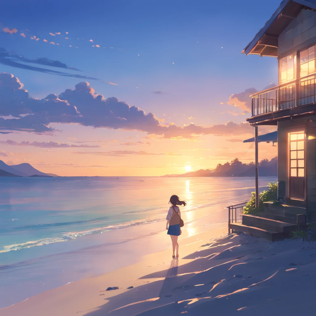 tmasterpiece,best qualtiy,cinematic Film still from,beachside,small houses,the sunset,(spark of light:0.7)