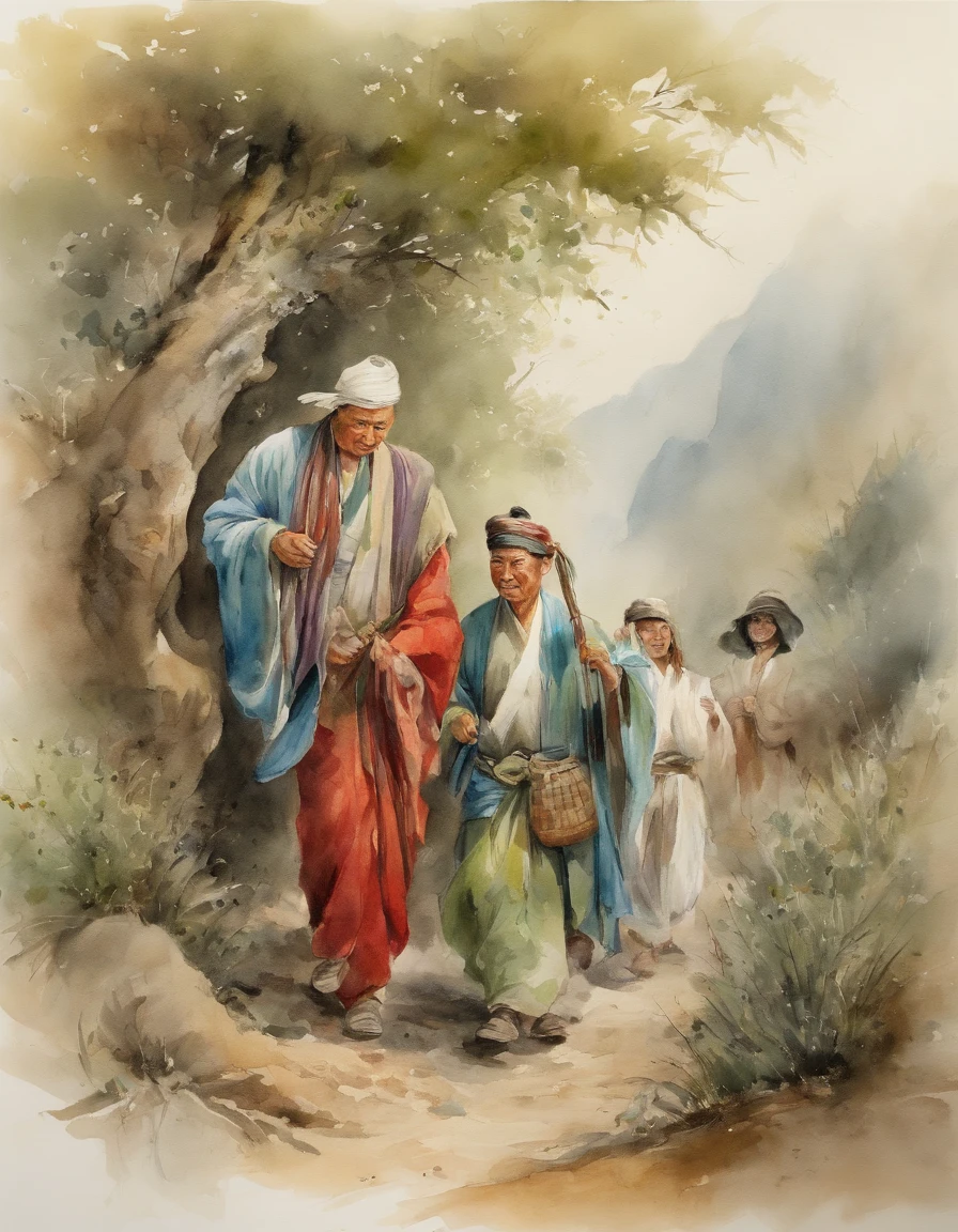 Chinese men, women and children gather in a dense bush of wormwood,Wormwood in hand