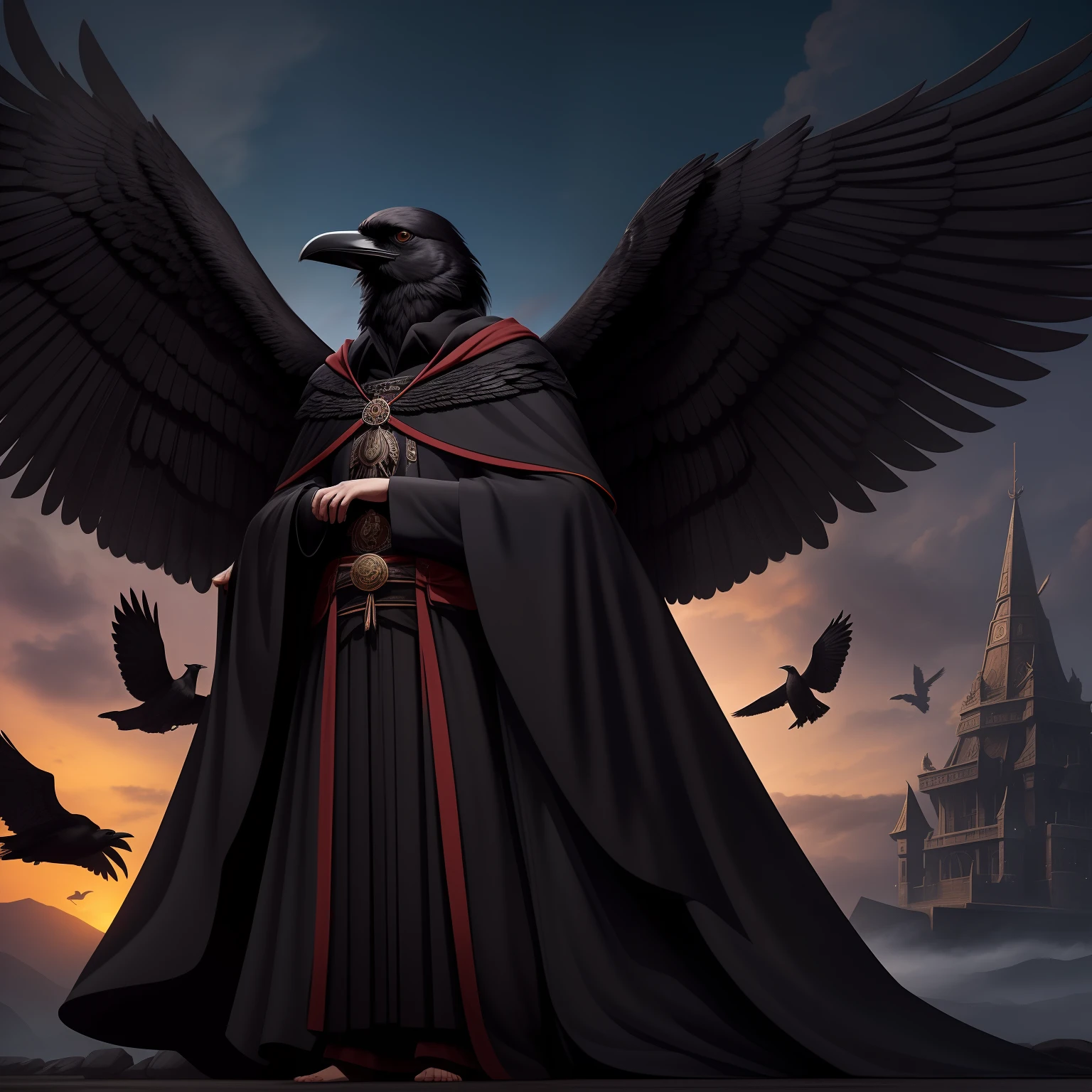 anthropomorphic, crow, black wings, black robe, shrine background, wide shot, scenery, full body