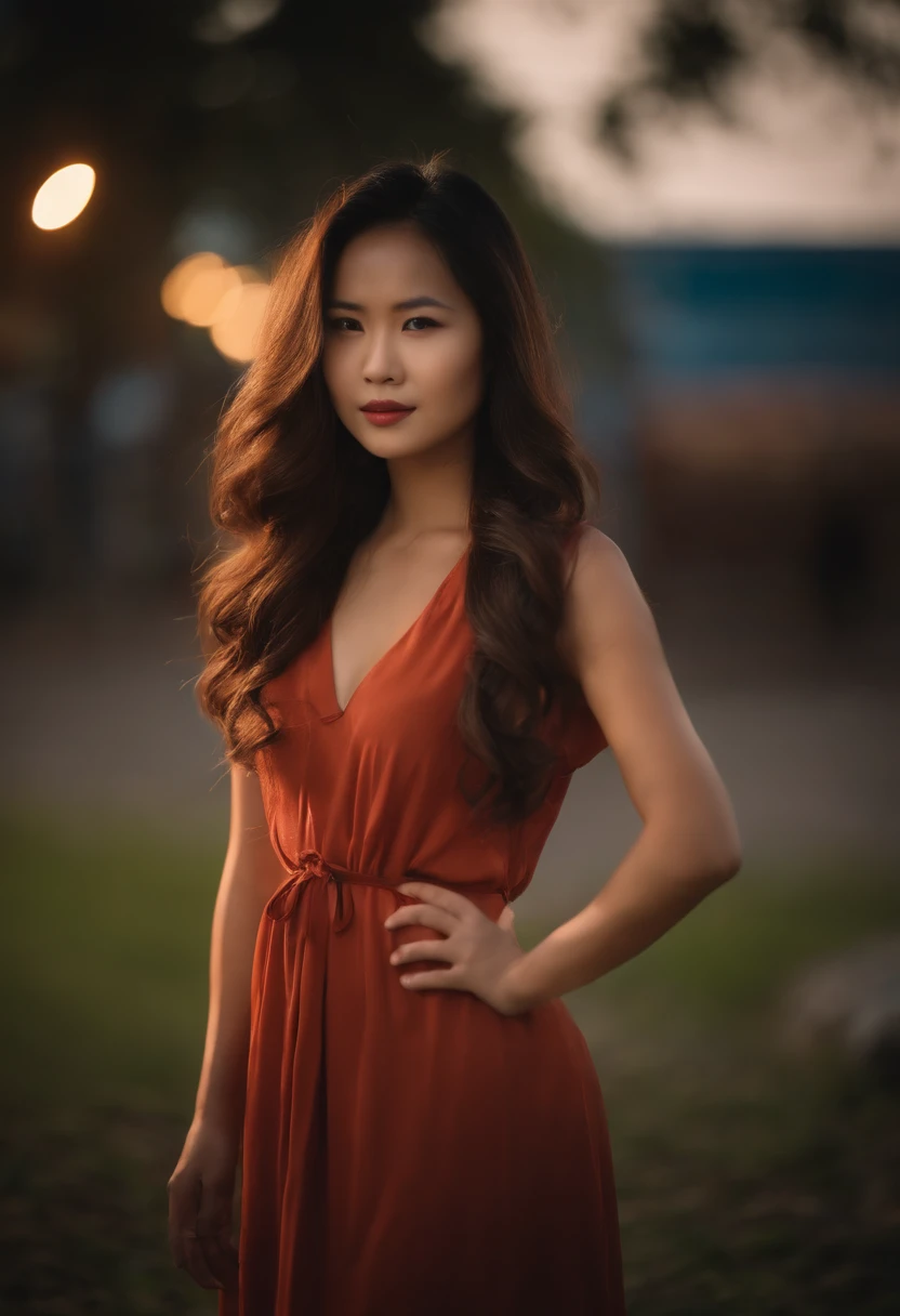 27 years old, enigma, gorgeous, asian girl, wearing casual vivid color dress, long curl brown hair, full body