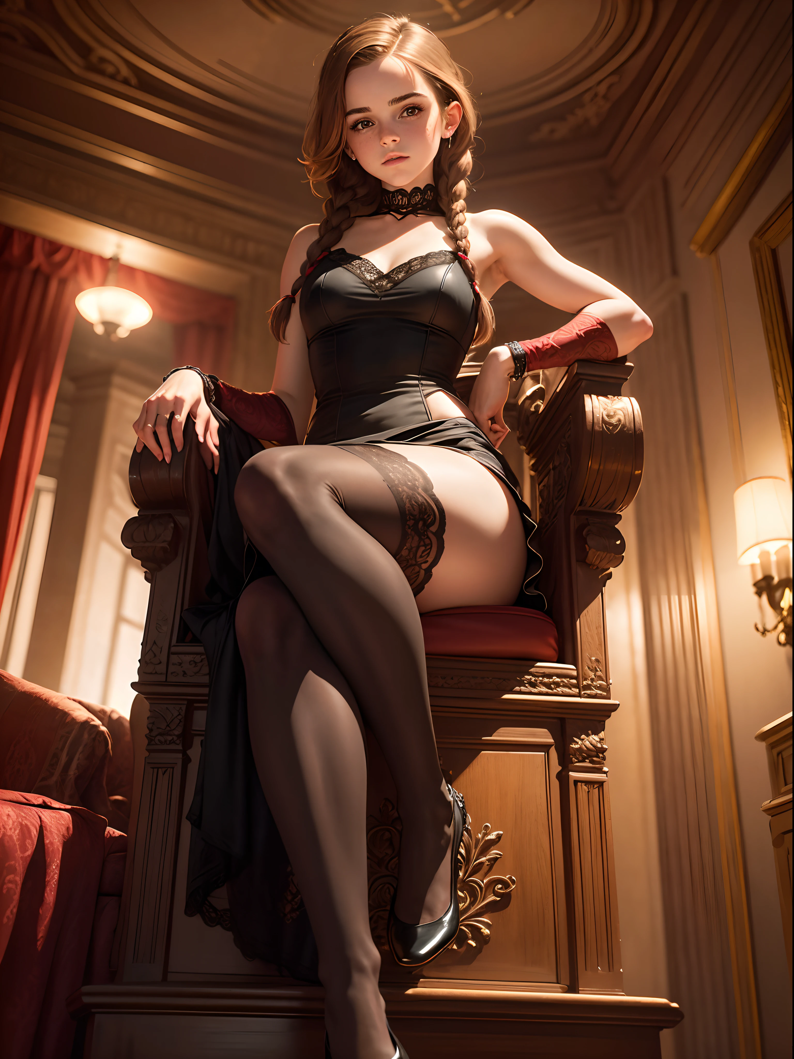 masterpiece. highly detailed. A beautiful Emma Watson posing in a tight intricate red sleeveless dress and black stockings. freckles. Her hair is styled in two long dark braids. She is sitting inside a mansion at night, with the moon in the background. from below.