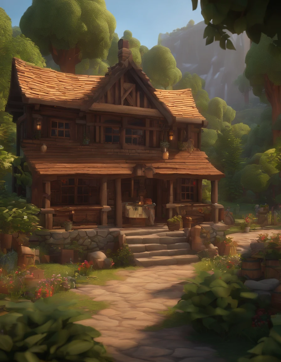 Game remnants，game footage，isometry，Pixel play style，pixal style，Blacksmith shop，building exterior，in a panoramic view，depth of fields，high light，Real light，Ray traching，oc rendered，Hyper-realistic，best qualtiy，8K，Works of masters，super-fine，Detailed pubic hair，