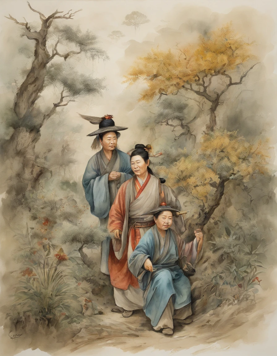 Chinese men, women and children gather in a dense bush of wormwood，Wormwood in hand，Highlight characters and wormwood
