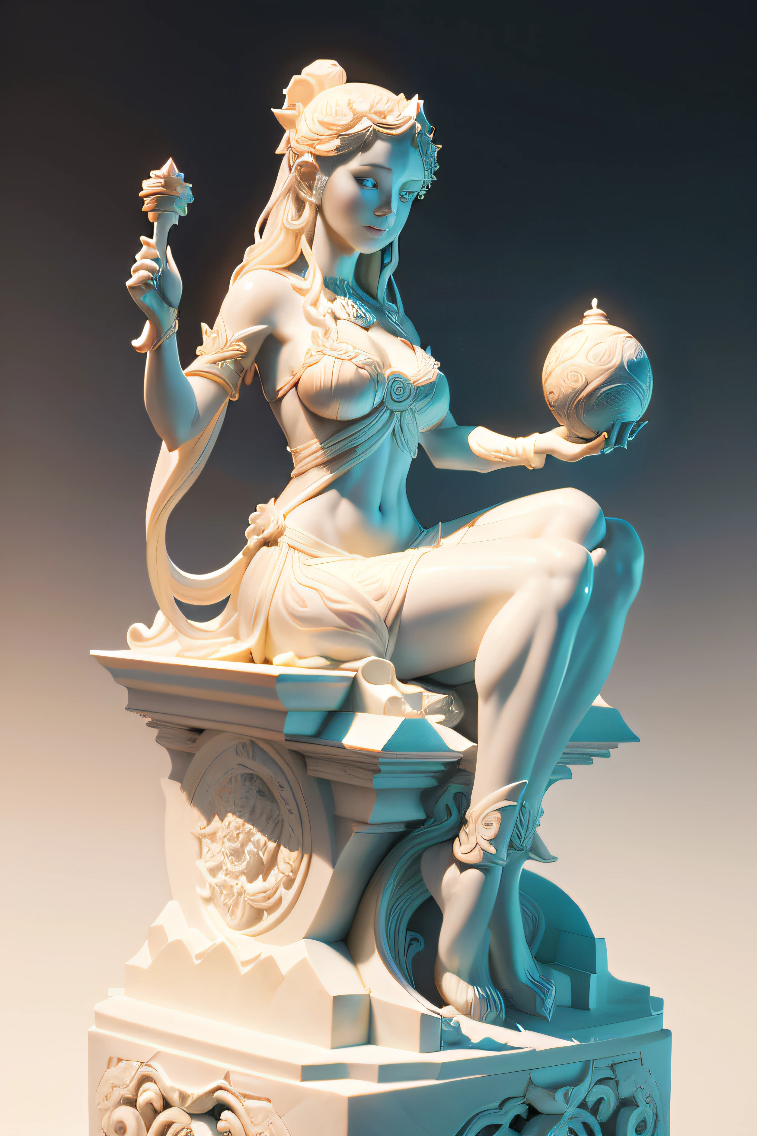 A statue of a woman sitting on the moon with a lute, Inspired by Chen Rong's marble sculptures, featured on zbrush central, Art Nouveau, ivory carving, carved ivory, Goddess. Extremely high detail, extremely detailed goddess shot, Ornamental bone carvings, Persephone sculpture, resin statue, highly detailed sculpture, guanyin of the southern seas