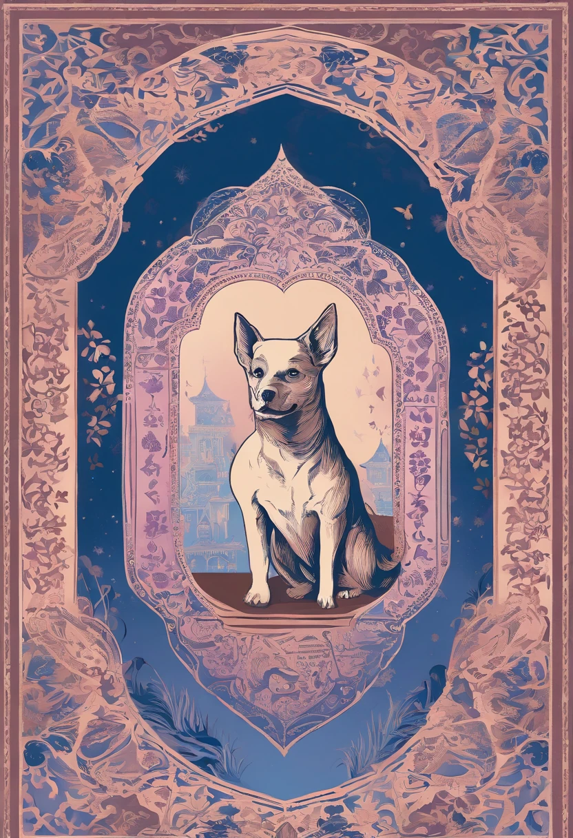 the dog is in bluein this paper cut illustration, in the style of eastern-inspired motifs, lith printing, eye-catching tags, precisionist lines, light purple and cblue, clean and sharp inking, terracotta medallions