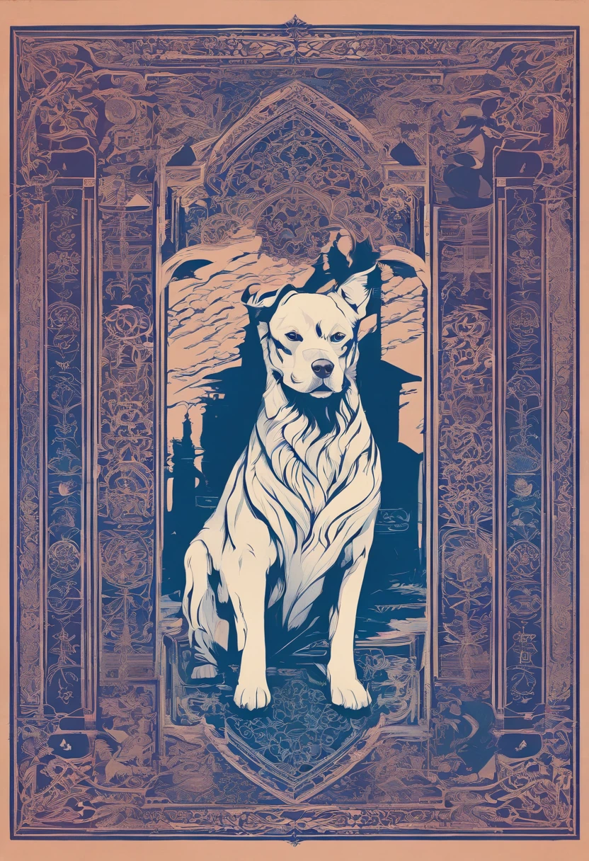 the dog is in bluein this paper cut illustration, in the style of eastern-inspired motifs, lith printing, eye-catching tags, precisionist lines, light purple and cblue, clean and sharp inking, terracotta medallions