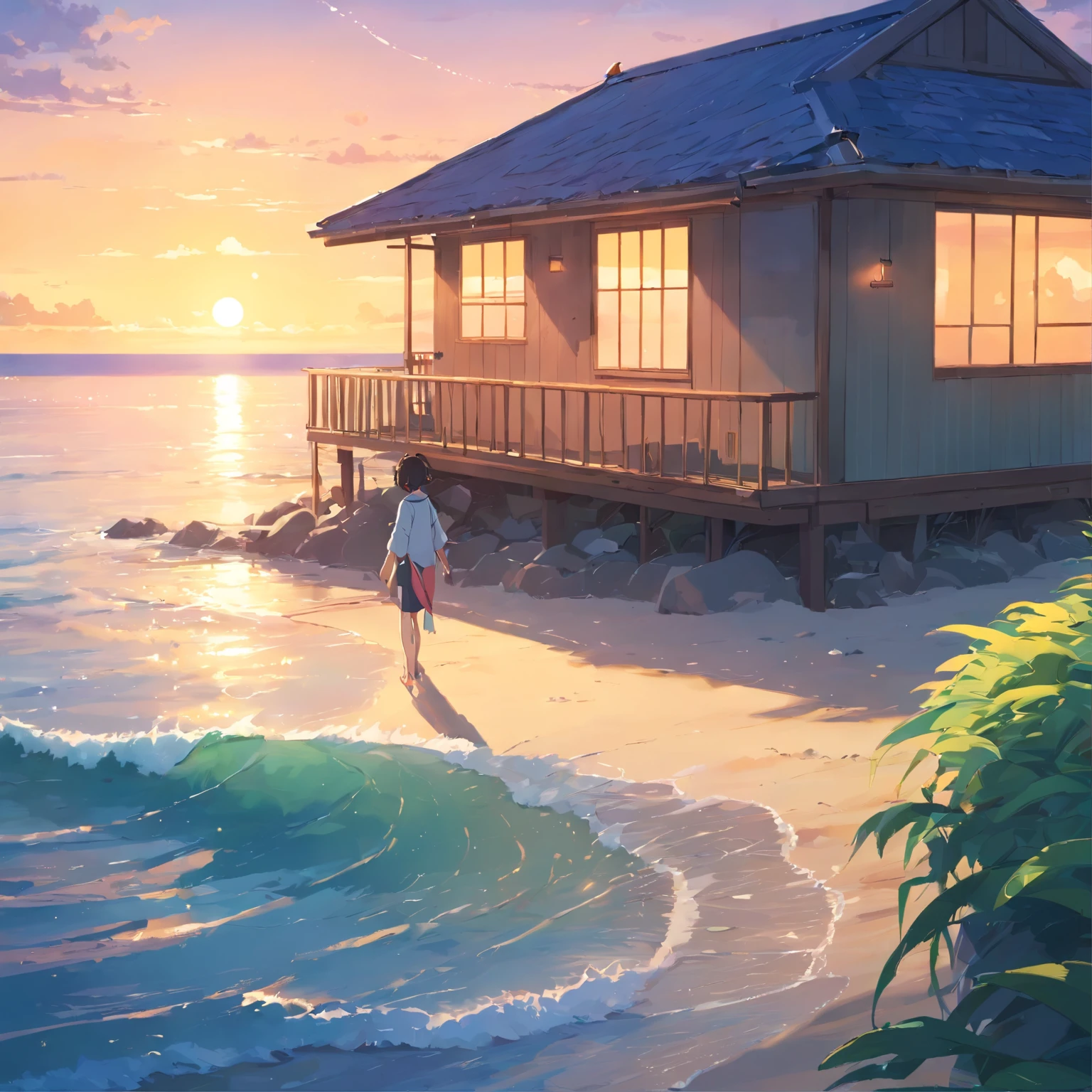 tmasterpiece,best qualtiy,cinematic Film still from,beachside,small houses,the sunset,(spark of light:0.7)