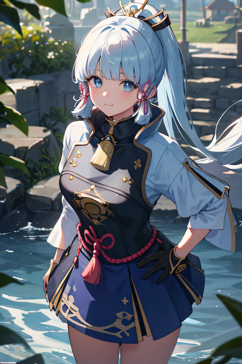 (((masterpiece))), 4k res, highly detailed, (((extremely detailed eyes))), detailed background, cinematic lighting, crystal clear eyes, high quality, highres, ultra-detailed, 8k, best quality, 1girl, solo, shadow, backlighting, light particles, Thick Eyelashes, Wide Sleeve, thick thighs, (masterpiece:1.3), (the best quality:1.2), (super fine illustrations:1.2), (Masterpiece), high quality, high detail,(SOLO:1.4),((round image)), whole body, 1girl, kamisato ayaka, smile, blush, closed mouth, cryokinesis, black gloves, thick, arms behind back, hands on hips, hands on own chest, village