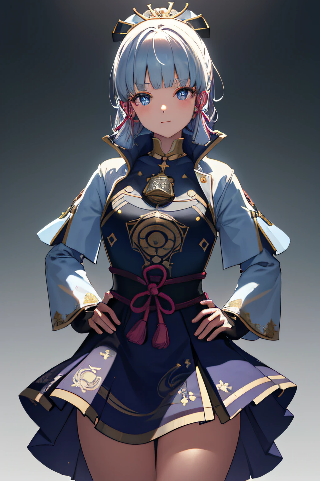 (((masterpiece))), 4k res, highly detailed, (((extremely detailed eyes))), detailed background, cinematic lighting, crystal clear eyes, high quality, highres, ultra-detailed, 8k, best quality, 1girl, solo, shadow, backlighting, light particles, Thick Eyelashes, Wide Sleeve, thick thighs, (masterpiece:1.3), (the best quality:1.2), (super fine illustrations:1.2), (Masterpiece), high quality, high detail,(SOLO:1.4),((round image)), whole body, 1girl, kamisato ayaka, smile, blush, closed mouth, cryokinesis, black gloves, thick, arms behind back, hands on hips, hands on own chest, village
