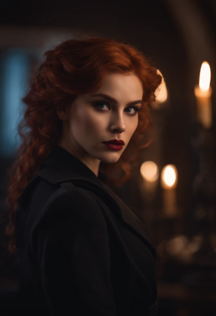 4k, 8k, masterpiece, best quality, upper body, 1girl, looking at viewer, red hair, medium hair, purple eyes, demon horns, black coat, indoors, dimly lit, the age of the actress is 23 years old, open bust, big breasts