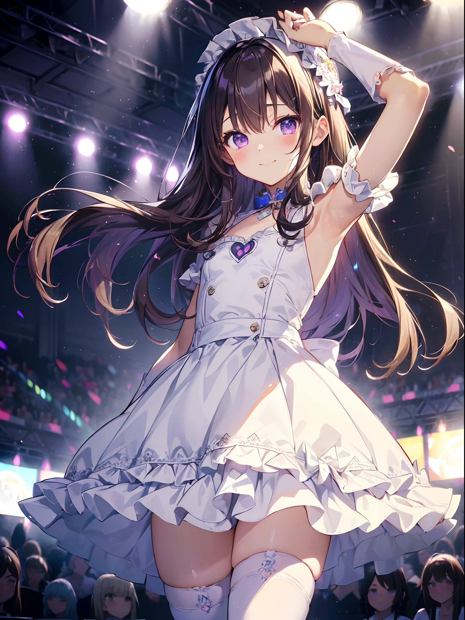 absurderes,(masterpiece、top-quality、8K ),intricate detailes,ultra-detailliert、1 down, (trap ,Otokonoko, Tom Girl:1.2), Solo, Male Focus, Very long hair, Cute anime face,(A slight smil:1.4),Indoor, ( flat chest, Bulge:1.2),((blush)), Black hair, Purple eyes, (Idol costumes、White dress with lots of frills:1.4),white knee highs、stage、spot light、Stand Microphone、Flowered headband、Hyper realistic,Perfect Anatomy